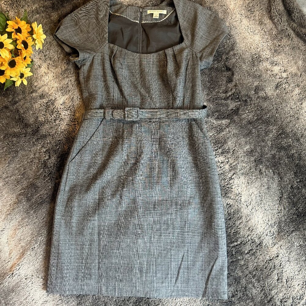Banana Republic Wool Dress Size 2 2P Gray Plaid Belted Knee Length